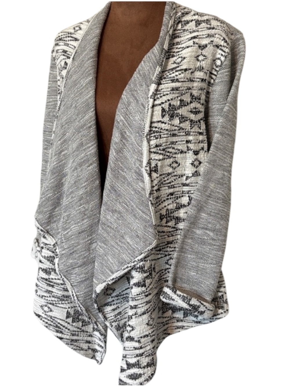 NWT One World Gray White Draped Open Front Cardigan Small Boho Aztec